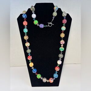 Floral Colorful Polymer Clay Beaded Necklace Faceted Beads 36.5” Toggle Clasp
